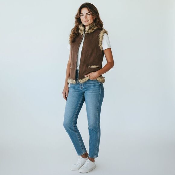 Sport Haley Faux Suede Leopard Print Vest Medium – Faux Fur Lined, Front Pockets - Picture 3 of 16